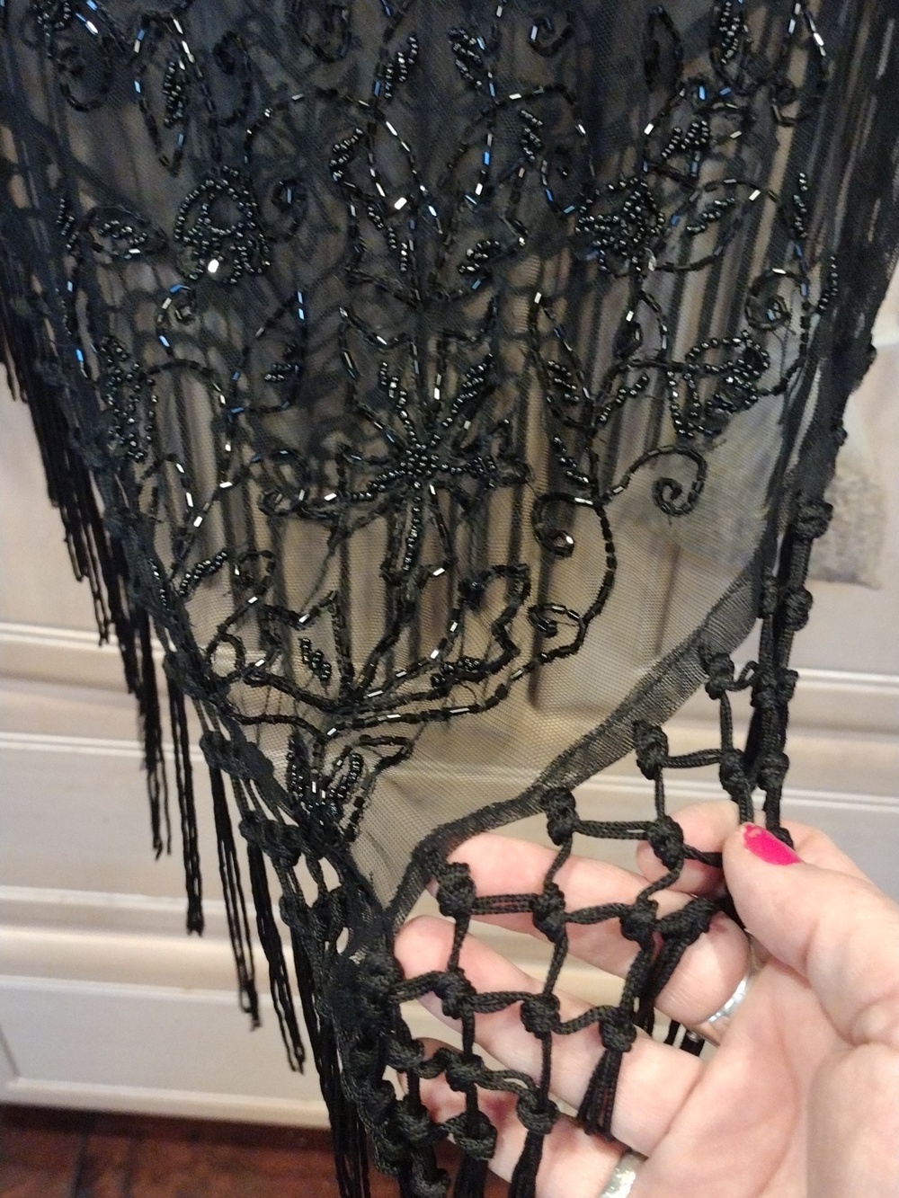 Vtg Gothic Sheer Embroidered Glass Beads Sequins & Fringe Stevie Nicks Poncho - Picture 7 of 16